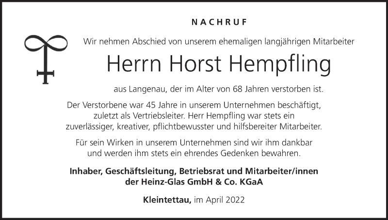 Traueranzeige für Horst Hempfling vom 13.04.2022 aus MGO