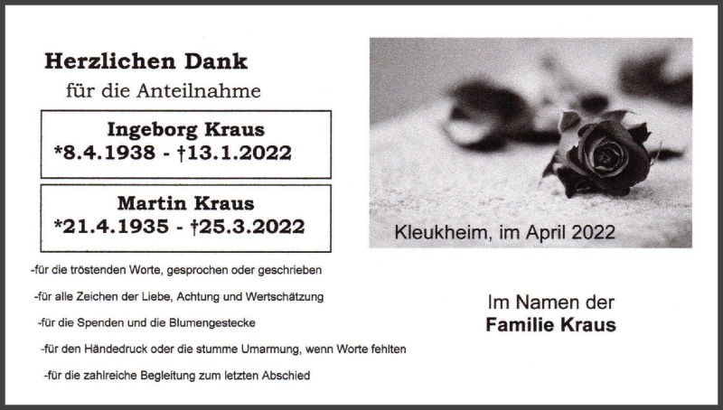  Traueranzeige für Ingeborg Kraus vom 29.04.2022 aus MGO