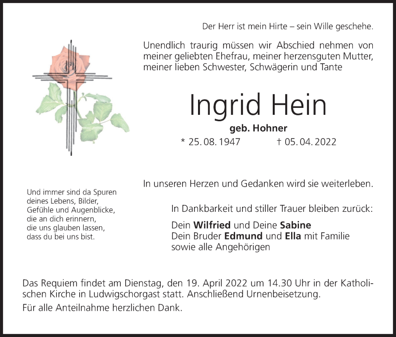  Traueranzeige für Ingrid Hein vom 16.04.2022 aus MGO