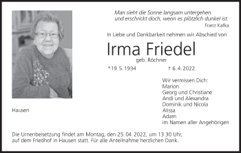 Anzeige von Irma Friedel von MGO