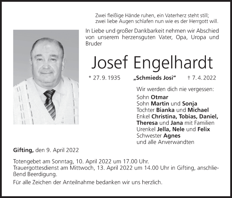  Traueranzeige für Josef Engelhardt vom 09.04.2022 aus MGO