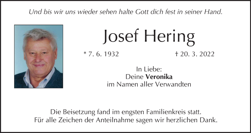  Traueranzeige für Josef Hering vom 26.04.2022 aus MGO
