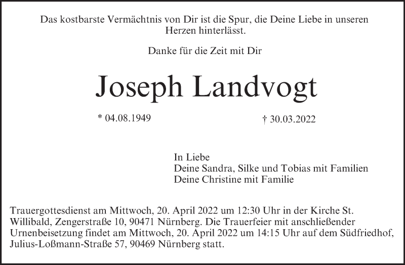  Traueranzeige für Joseph Landvogt vom 16.04.2022 aus MGO