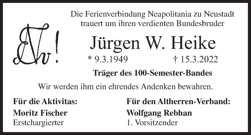 Traueranzeige für Jürgen W. Heike vom 09.04.2022 aus MGO