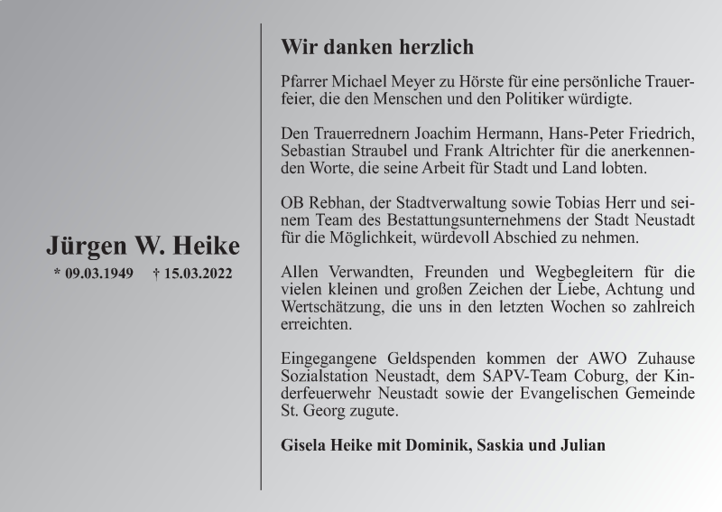  Traueranzeige für Jürgen W. Heike vom 02.04.2022 aus MGO