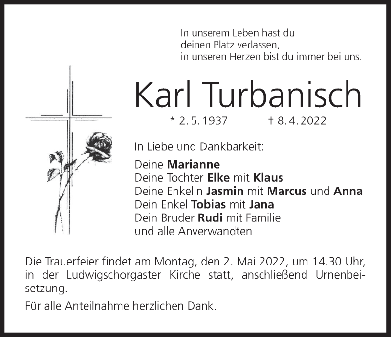  Traueranzeige für Karl Turbanisch vom 28.04.2022 aus MGO