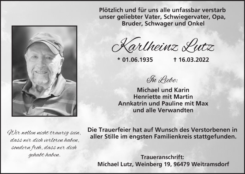  Traueranzeige für Karlheinz Lutz vom 02.04.2022 aus MGO