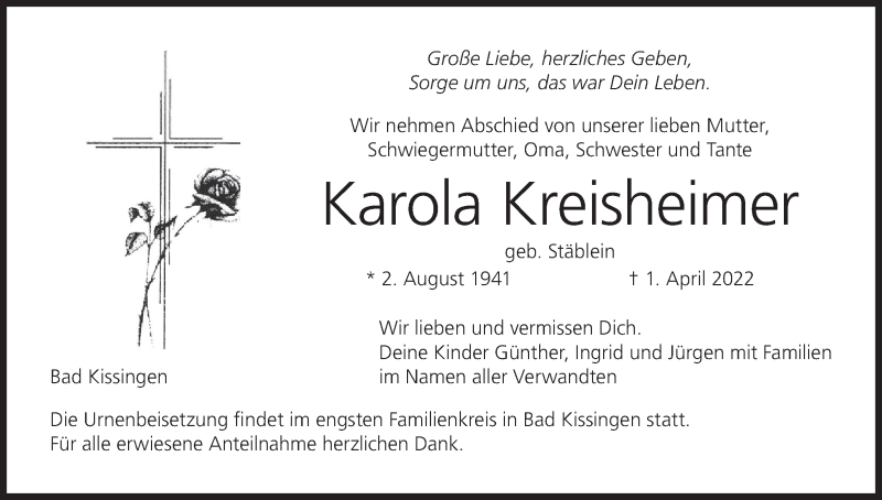  Traueranzeige für Karola Kreisheimer vom 09.04.2022 aus MGO