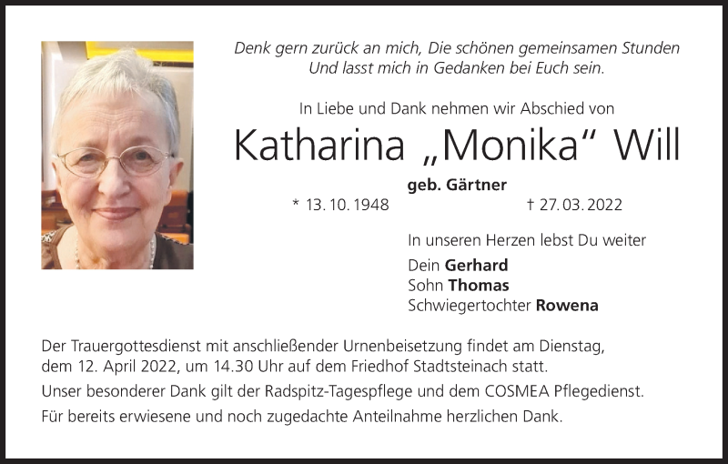  Traueranzeige für Katharina Will vom 09.04.2022 aus MGO