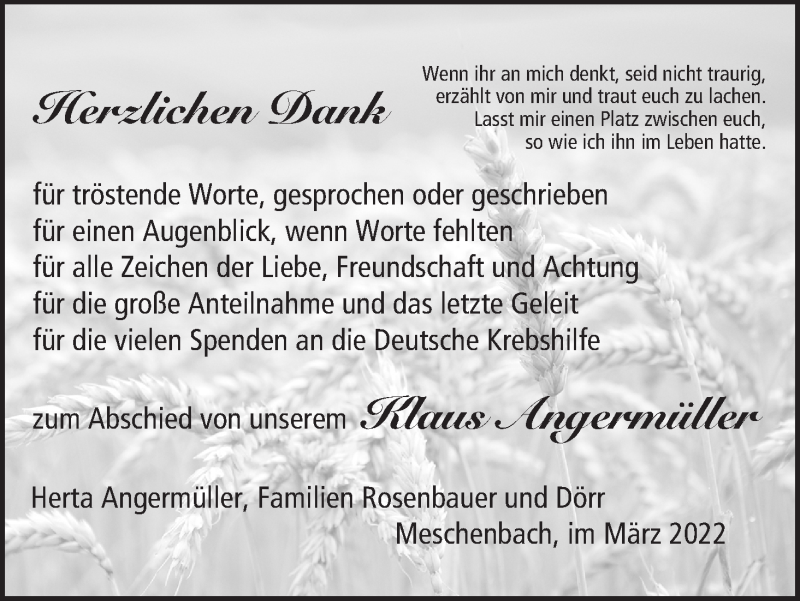  Traueranzeige für Klaus Angermüller vom 02.04.2022 aus MGO