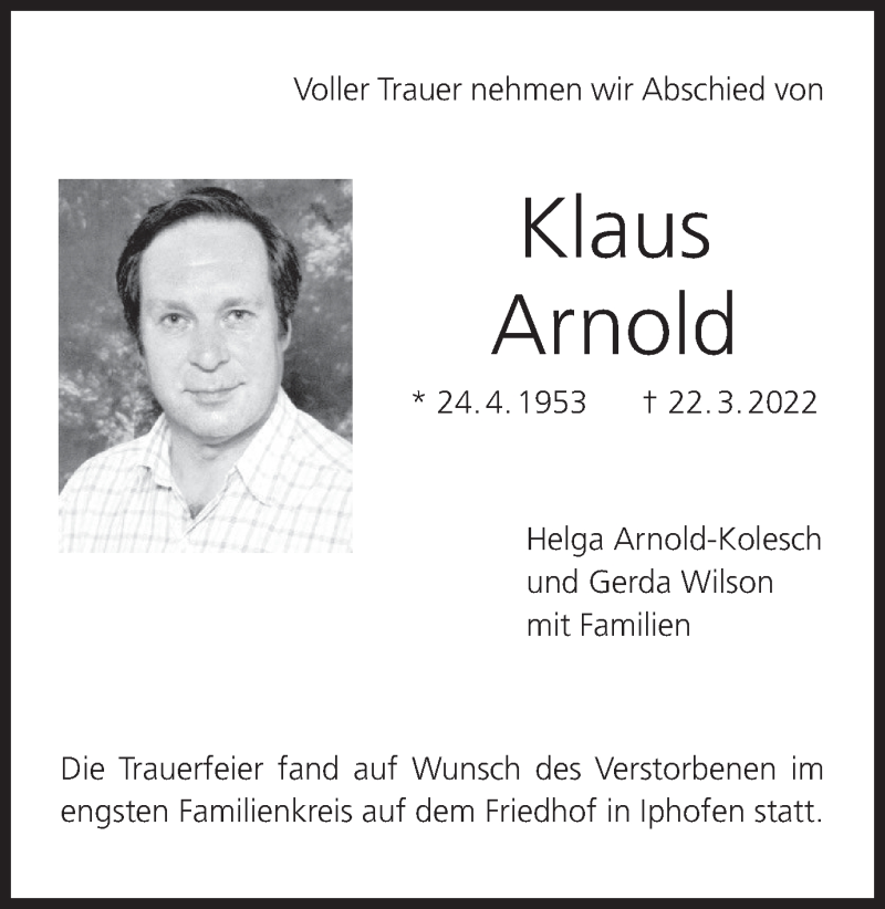  Traueranzeige für Klaus Arnold vom 23.04.2022 aus MGO