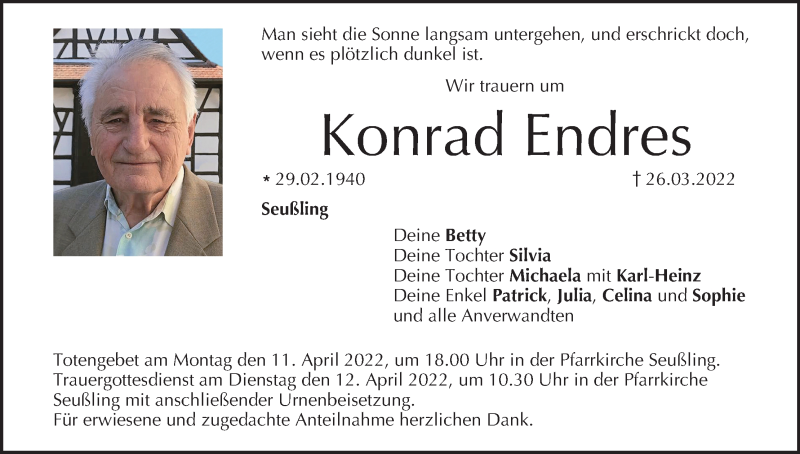  Traueranzeige für Konrad Endres vom 09.04.2022 aus MGO