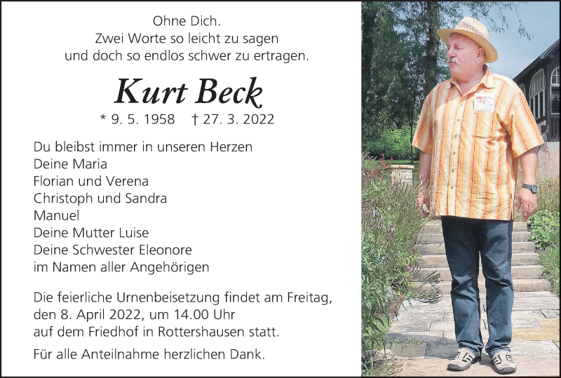  Traueranzeige für Kurt Beck vom 02.04.2022 aus MGO