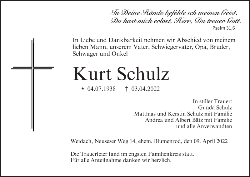  Traueranzeige für Kurt Schulz vom 09.04.2022 aus MGO
