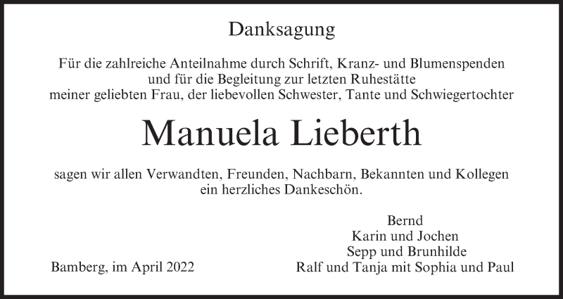  Traueranzeige für Manuela Lieberth vom 23.04.2022 aus MGO