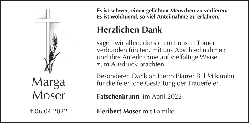  Traueranzeige für Marga Moser vom 23.04.2022 aus MGO