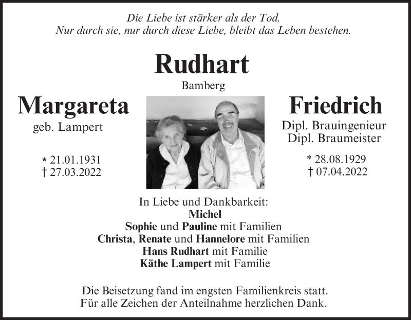  Traueranzeige für Margareta Rudhart vom 23.04.2022 aus MGO