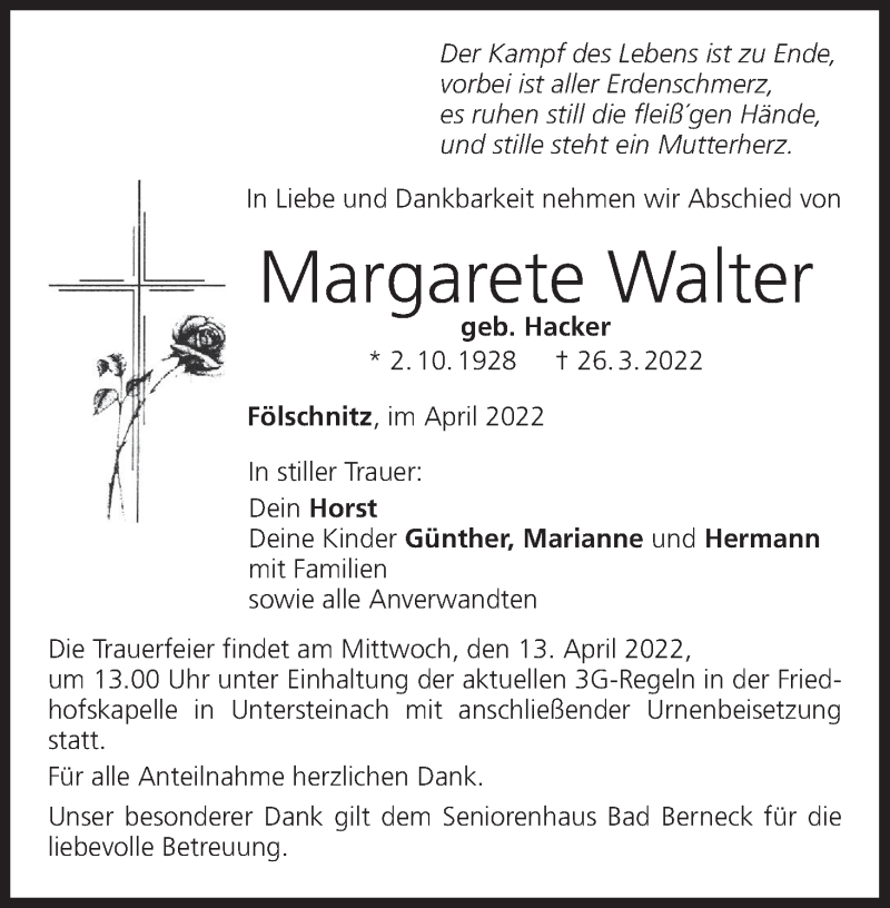  Traueranzeige für Margarete Walter vom 09.04.2022 aus MGO