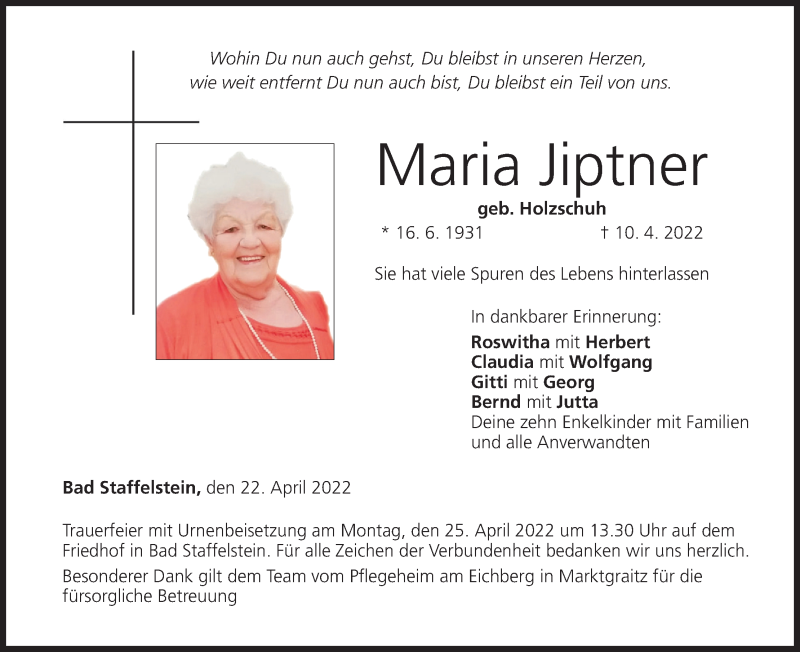  Traueranzeige für Maria Jiptner vom 22.04.2022 aus MGO