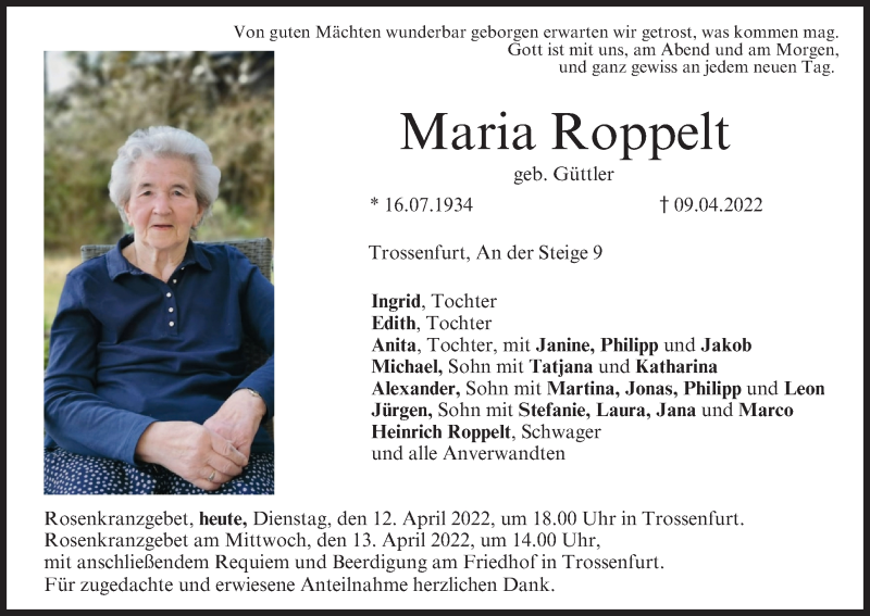  Traueranzeige für Maria Roppelt vom 12.04.2022 aus MGO