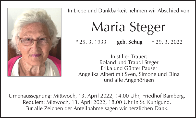  Traueranzeige für Maria Steger vom 09.04.2022 aus MGO