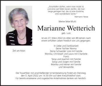 Anzeige von Marianne Wetterich von MGO