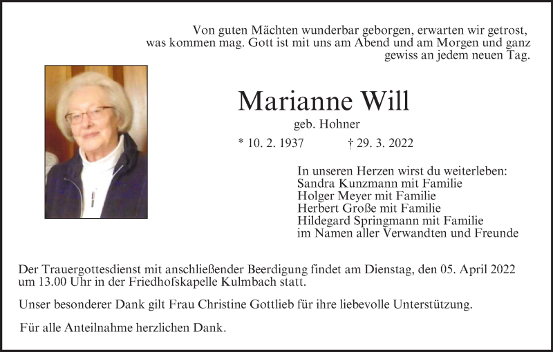  Traueranzeige für Marianne Will vom 02.04.2022 aus MGO