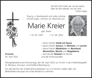Anzeige von Marie Kreier von MGO