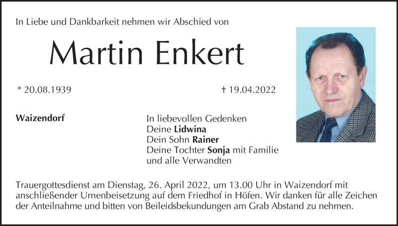  Traueranzeige für Martin Enkert vom 23.04.2022 aus MGO