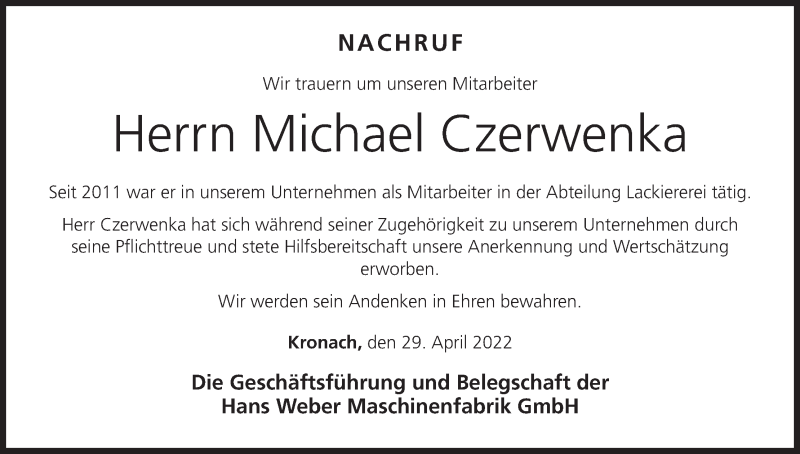  Traueranzeige für Michael Czerwenka vom 29.04.2022 aus MGO