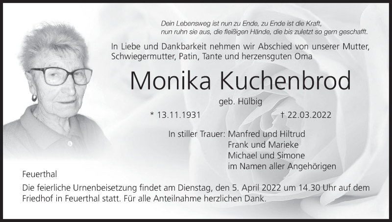 Traueranzeige für Monika Kuchenbrod vom 02.04.2022 aus MGO
