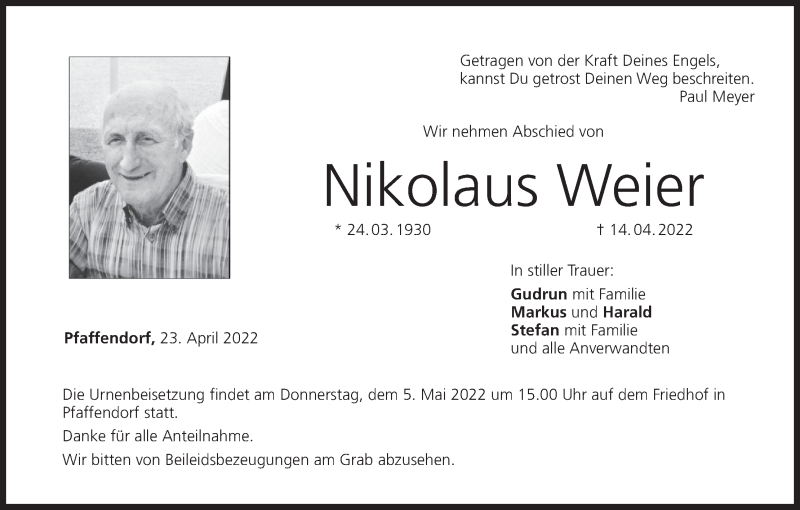  Traueranzeige für Nikolaus Weier vom 23.04.2022 aus MGO
