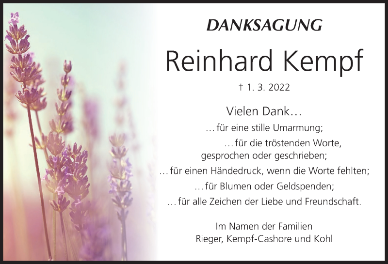 Traueranzeige für Reinhard Kempf vom 02.04.2022 aus MGO