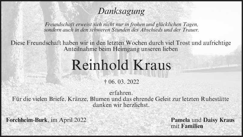  Traueranzeige für Reinhold Kraus vom 09.04.2022 aus MGO