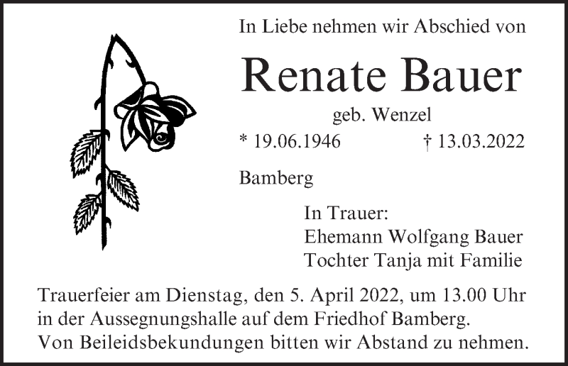  Traueranzeige für Renate Bauer vom 02.04.2022 aus MGO