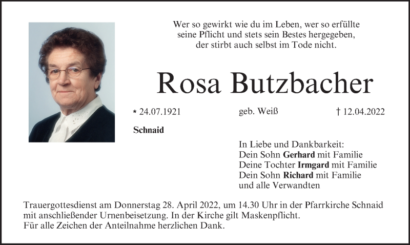  Traueranzeige für Rosa Butzbacher vom 23.04.2022 aus MGO