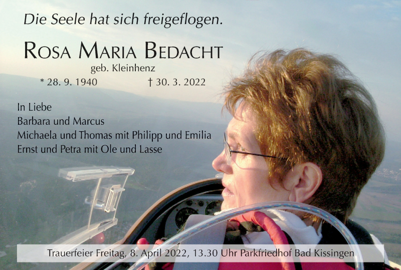  Traueranzeige für Rosa Maria Bedacht vom 02.04.2022 aus MGO