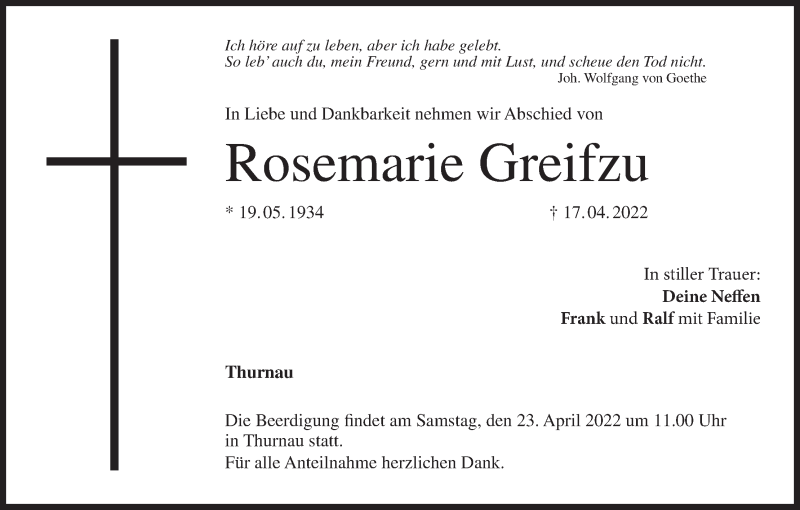  Traueranzeige für Rosemarie Greifzu vom 20.04.2022 aus MGO