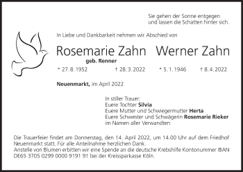 Anzeige von Rosemarie Zahn von MGO