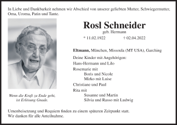 Anzeige von Rosl Schneider von MGO
