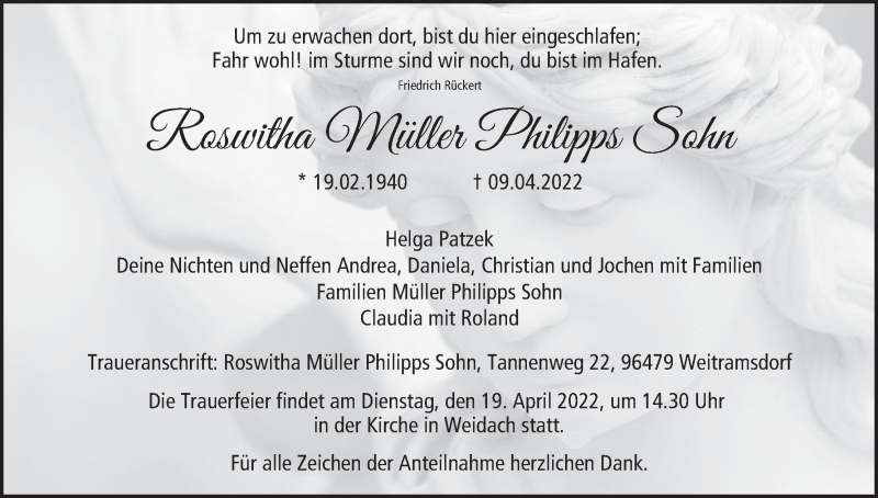  Traueranzeige für Roswitha Müller Philipps Sohn vom 16.04.2022 aus MGO