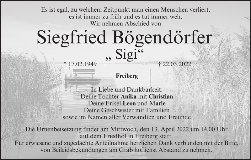  Traueranzeige für Siegfried Bögendörfer vom 09.04.2022 aus MGO