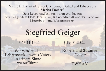 Anzeige von Siegfried Geiger von MGO