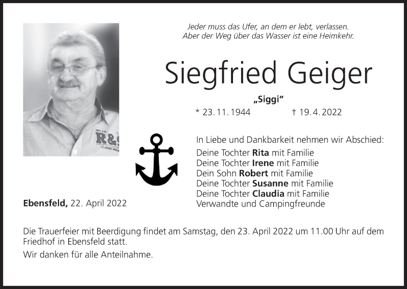  Traueranzeige für Siegfried Geiger vom 22.04.2022 aus MGO