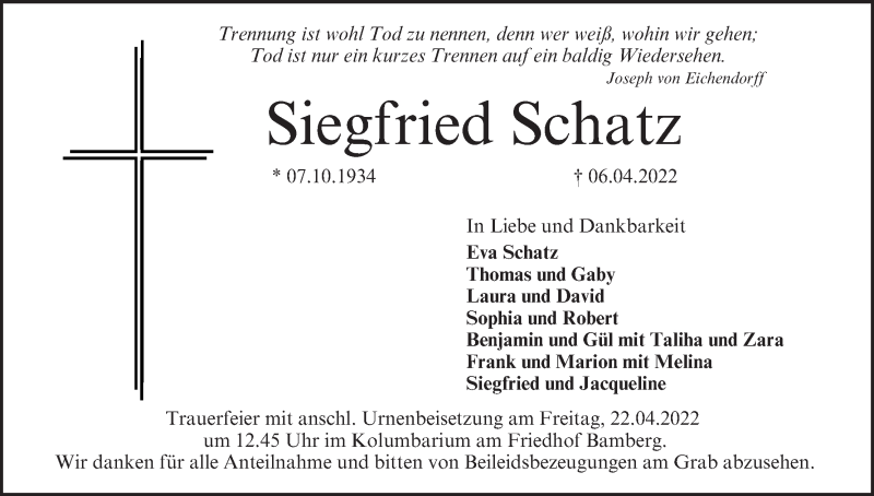  Traueranzeige für Siegfried Schatz vom 16.04.2022 aus MGO