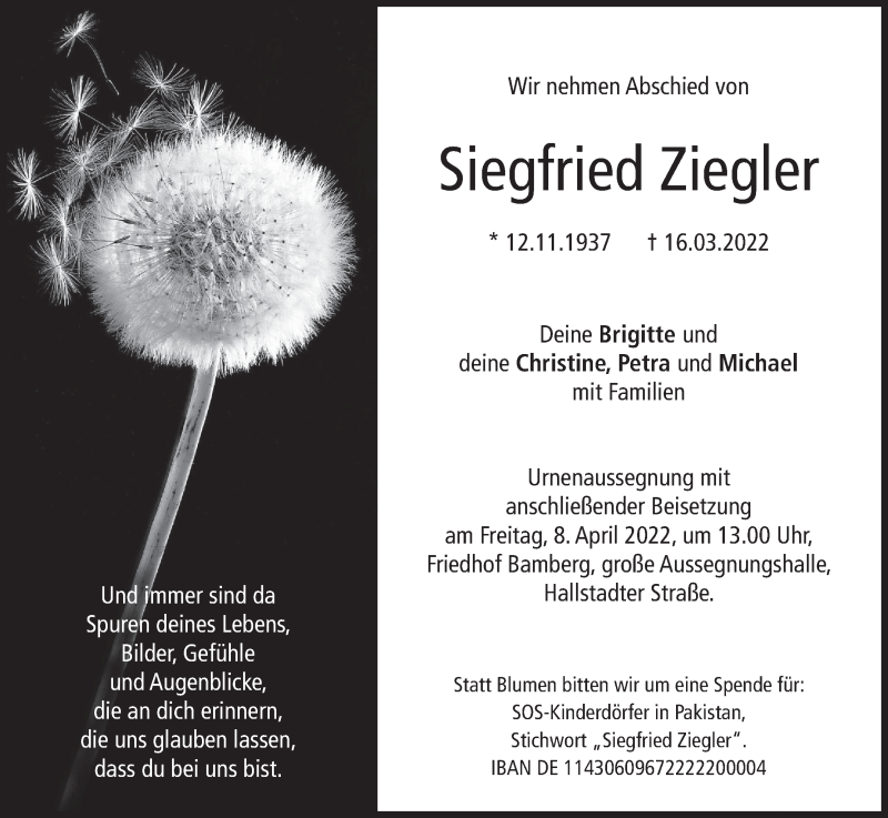  Traueranzeige für Siegfried Ziegler vom 02.04.2022 aus MGO