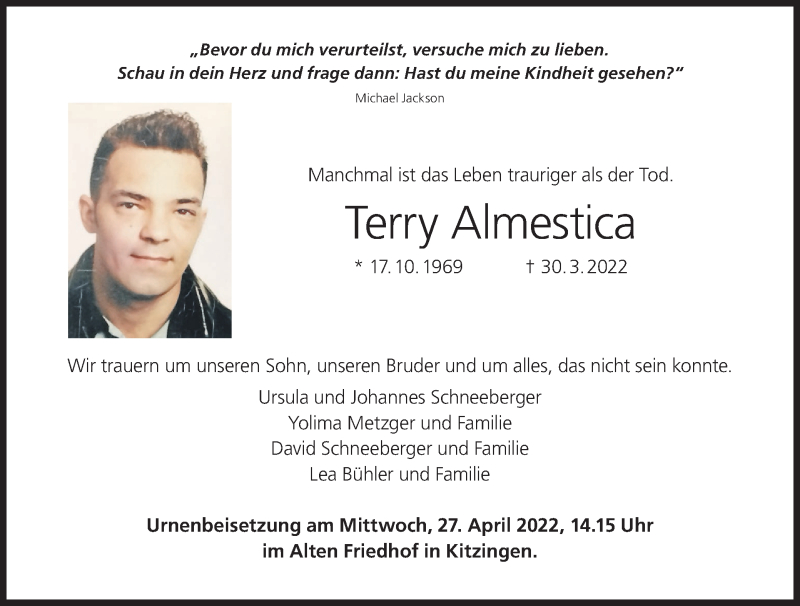  Traueranzeige für Terry Almestica vom 23.04.2022 aus MGO