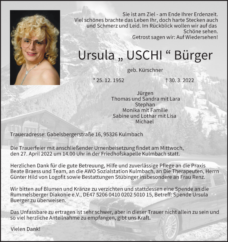  Traueranzeige für Ursula Bürger vom 23.04.2022 aus MGO