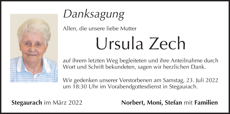  Traueranzeige für Ursula Zech vom 09.04.2022 aus MGO