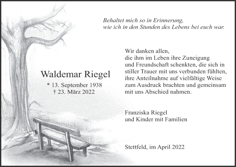  Traueranzeige für Waldemar Riegel vom 09.04.2022 aus MGO